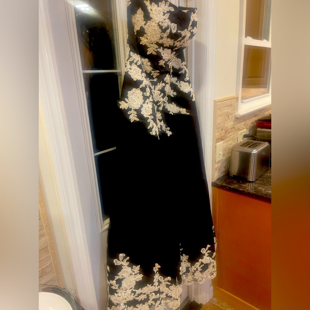 Elegant Black and Cream Embroidered Floral strapless gown. Mother of the bride!